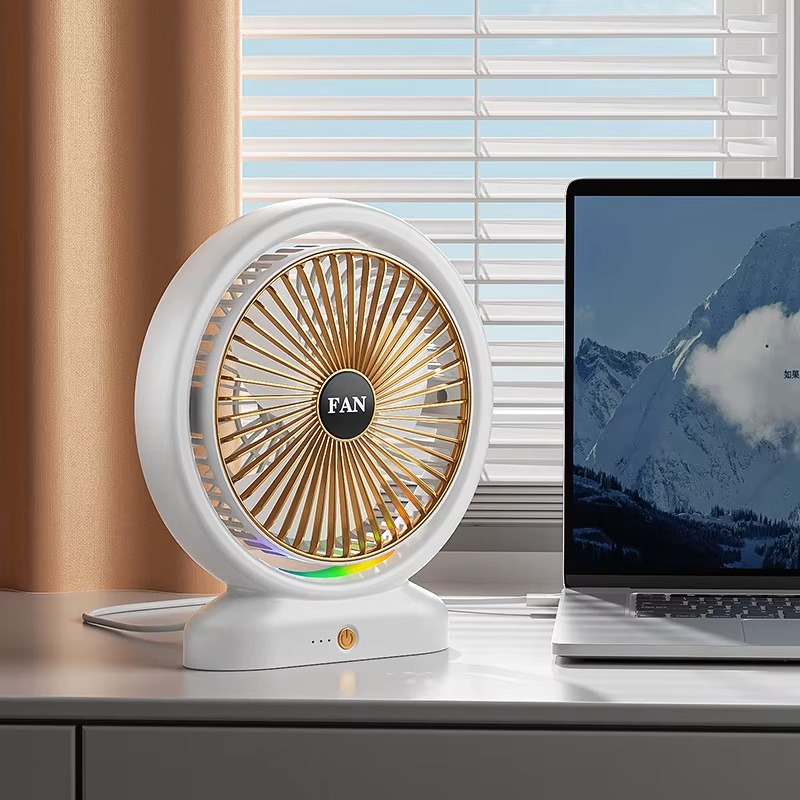 Desktop Fan Rechargeable, Mini Table Fan, Powerful Electric Fan with Adjustable Wind Speeds, Portable USB Fan for Home Office and Outdoors | Three-Speed Mini Desktop Fan with Colorful LED Lights – USB & Battery Powered - Random Color
