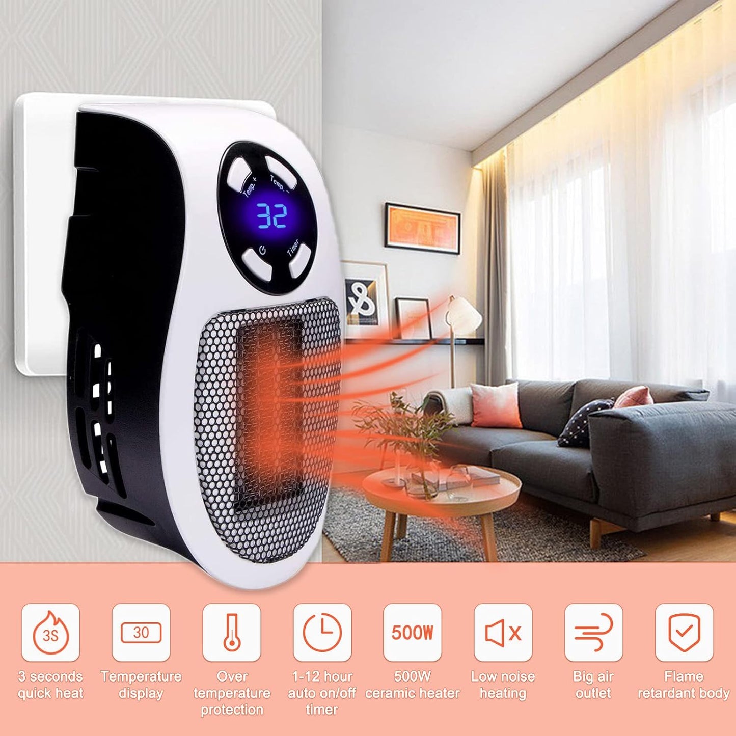 🔥500W Wall-Plug Portable Room Heater – Quick Heat | Digital Display | Low Energy Use | Free Delivery | Ably Mart